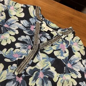 Charter Club Tunic Womens Large Floral Beaded Neck Linen Boho Top Luxury